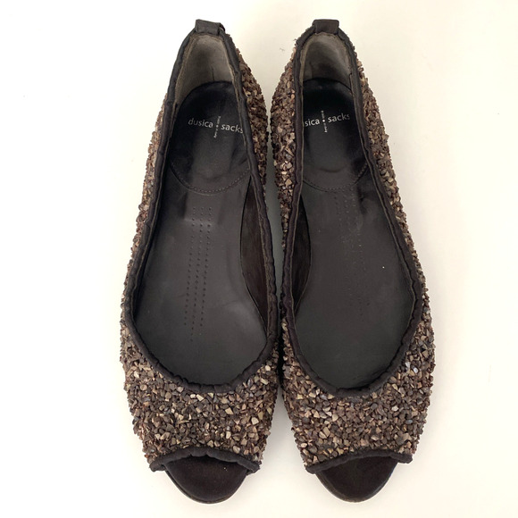 Dusica Sacks Ballet Flat Peep Toe Rock Stone Hand made Brown Embellished 38 8 - Picture 4 of 12